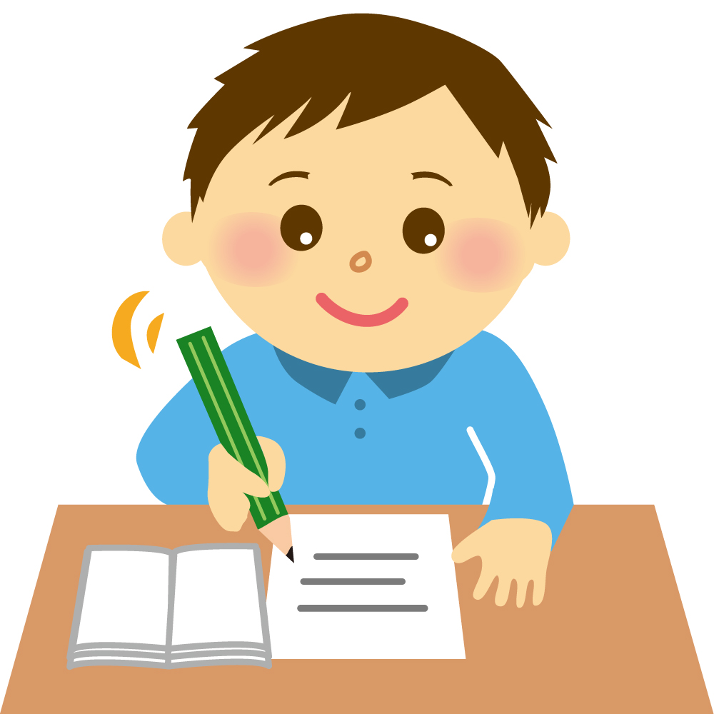 本をそばに鉛筆で紙に書いている男の子