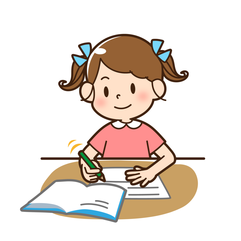 本を見ながら紙に書いて勉強をしている女の子