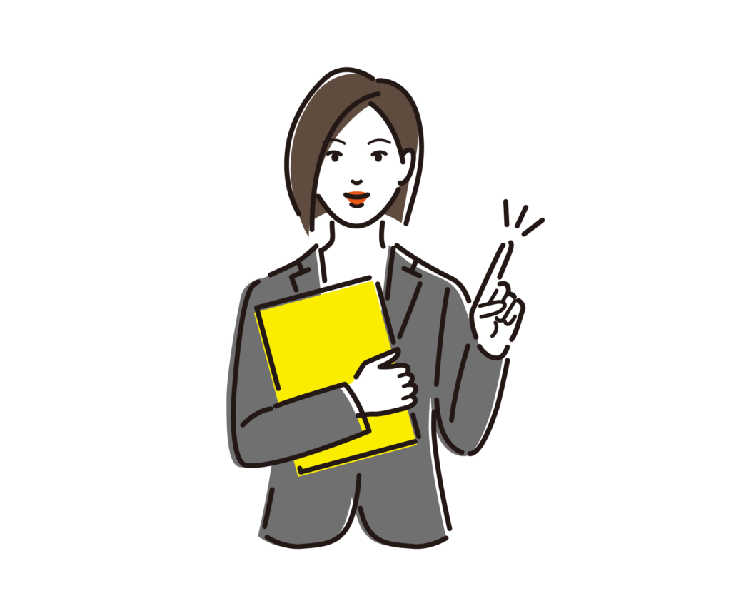 黄色い本を片手に提案をしている女性