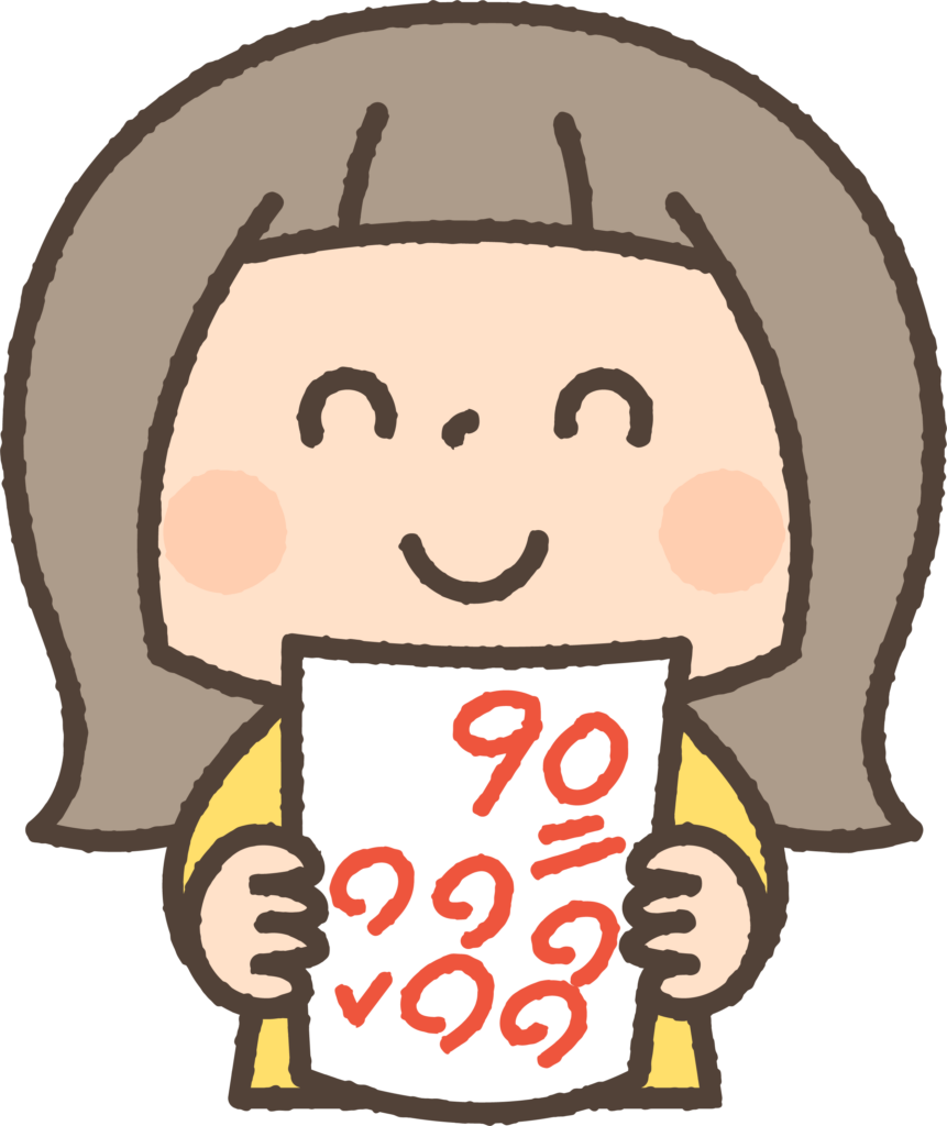 90点のテストを両手に持って見せている笑顔の女の子