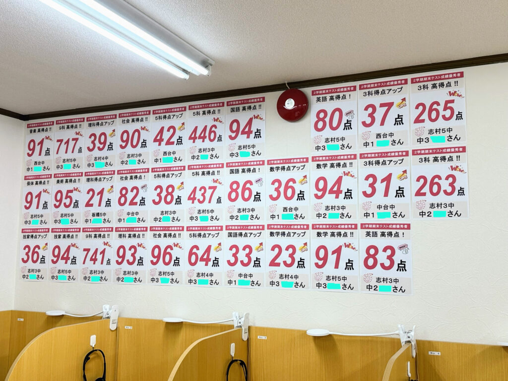 2学期期末テストの成果掲示。一人ひとりの学びや努力が形になった結果を紹介する壁面掲示です。